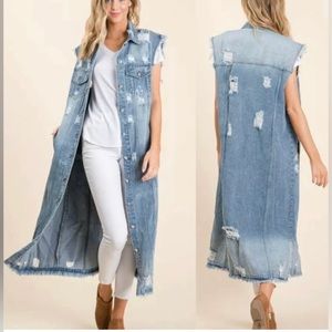 Vervet MIDI Length Distressed Denim Vest -size L